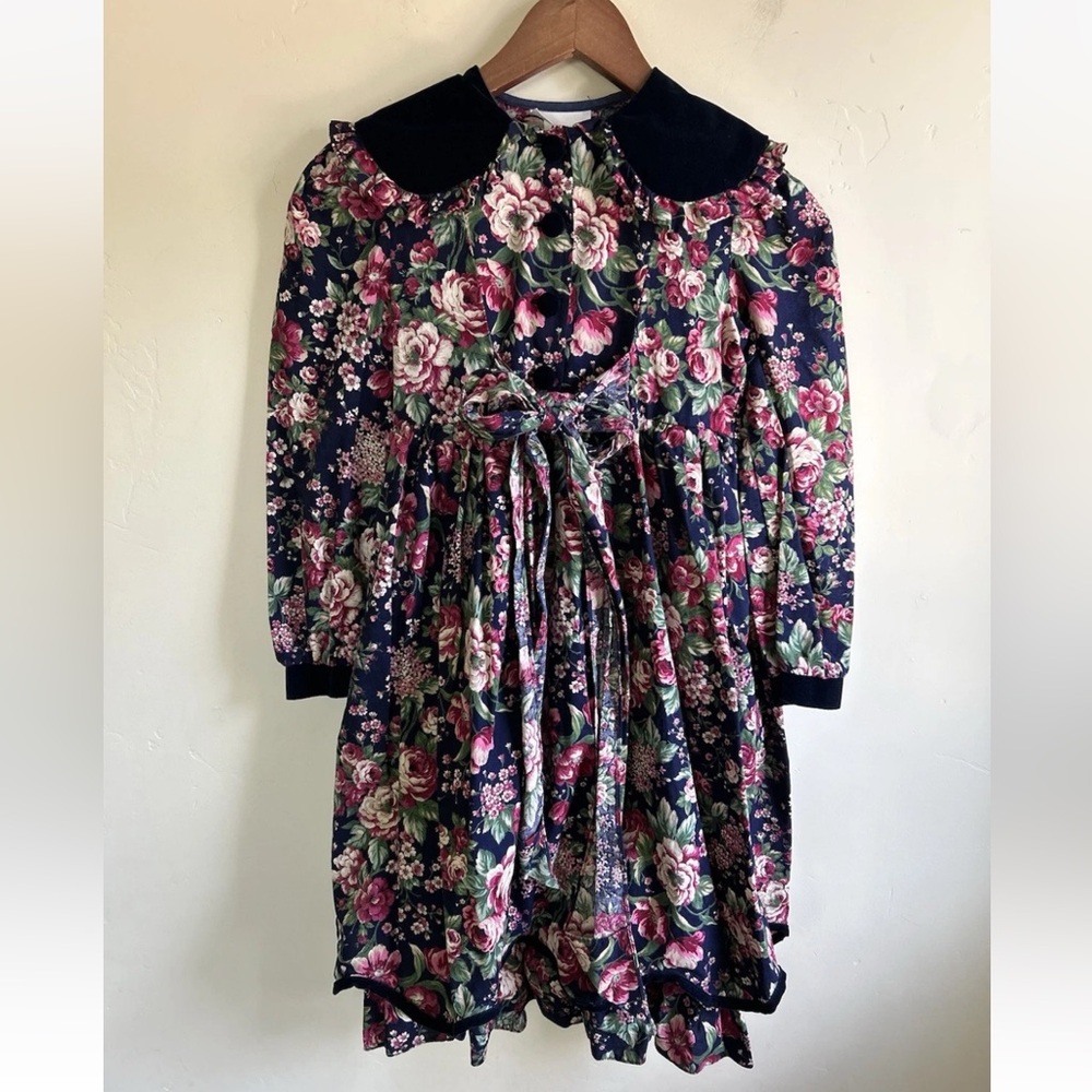 VTG Bonnie Jean New York Girls Sz 10 Floral Ruffle Long Dress Bow Velvet Tiered - Picture 2 of 12